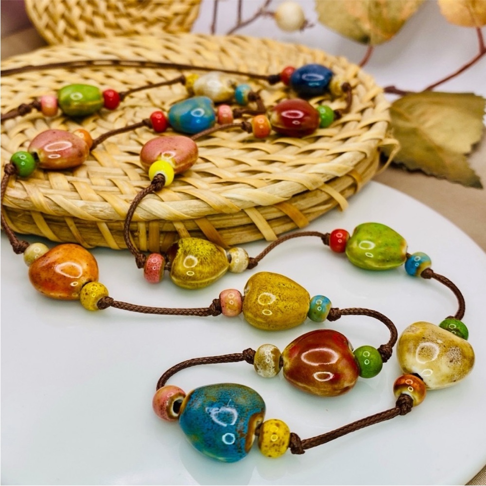 Colorful Heart Shaped Porcelain knotted Beaded Long Necklace